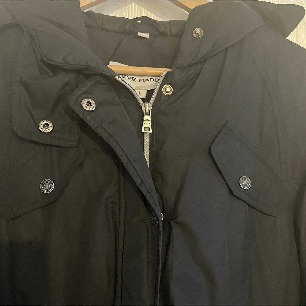Steve Madden‎ Womens Black Hooded Puffer Parka Jacket Size L Utility Winter Coat